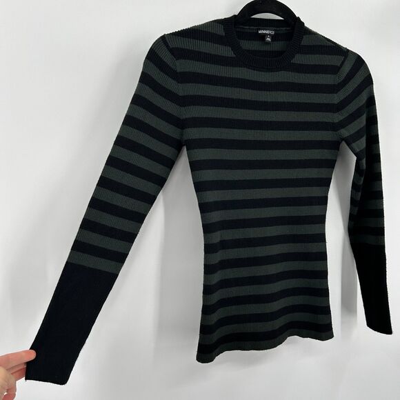 MINNIE ROSE Green Black Striped Ribbed Crew Neck Long Sleeve Top Size Small - Picture 3 of 5